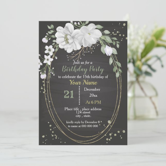 white flowers & green leaves oval birthday invitation (Standing Front)