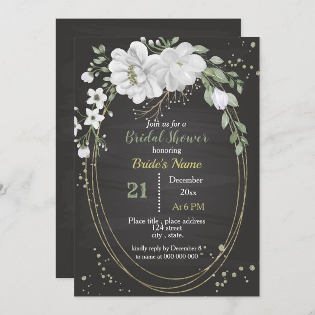 white flowers & green leaves oval bridal shower invitation (Front/Back)