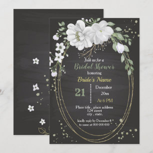 white flowers & green leaves oval bridal shower invitation