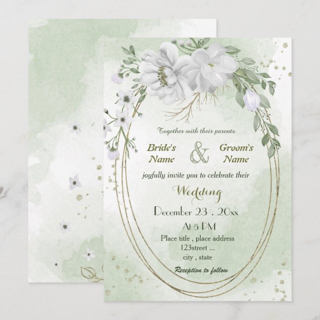 white flowers green leaves oval frame wedding invitation (Front/Back)