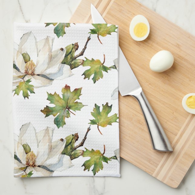 White Flowers Green Leaves Tea Towel (Quarter Fold)