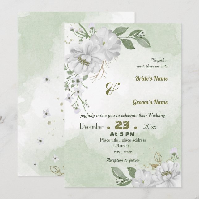 white flowers green leaves wedding invitation (Front/Back)