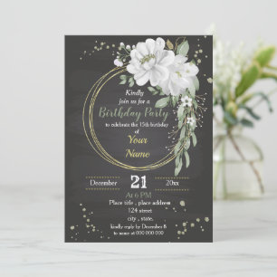 white flowers & green leaves wreath birthday invitation