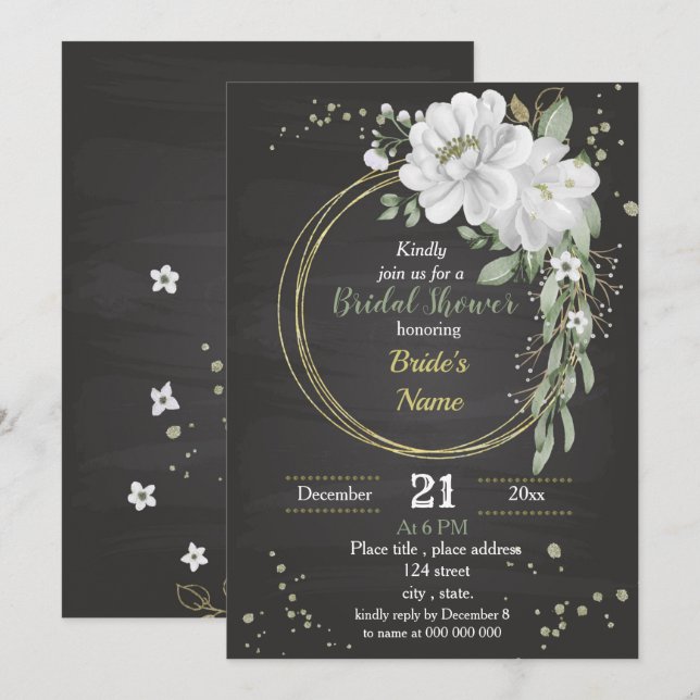 white flowers & green leaves wreath bridal shower invitation (Front/Back)