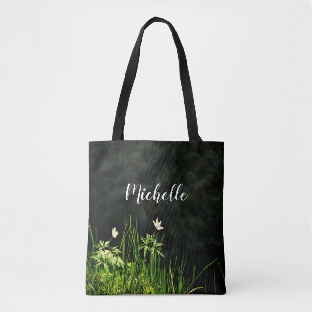White flowers green name script tote bag (Front)