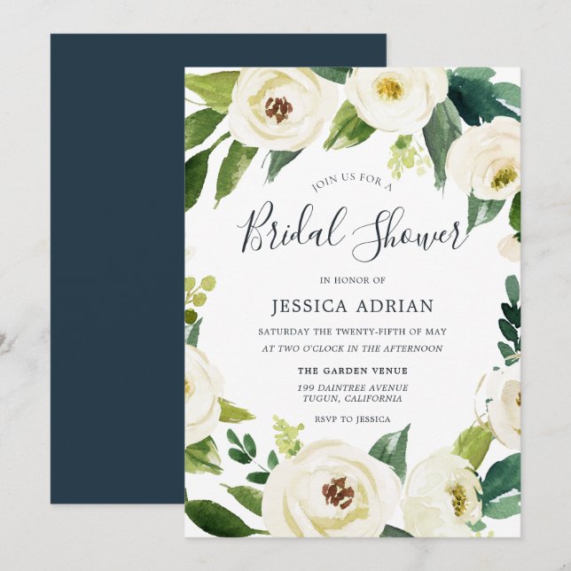 White Flowers Green Wreath Bridal Shower Invite (Front/Back)