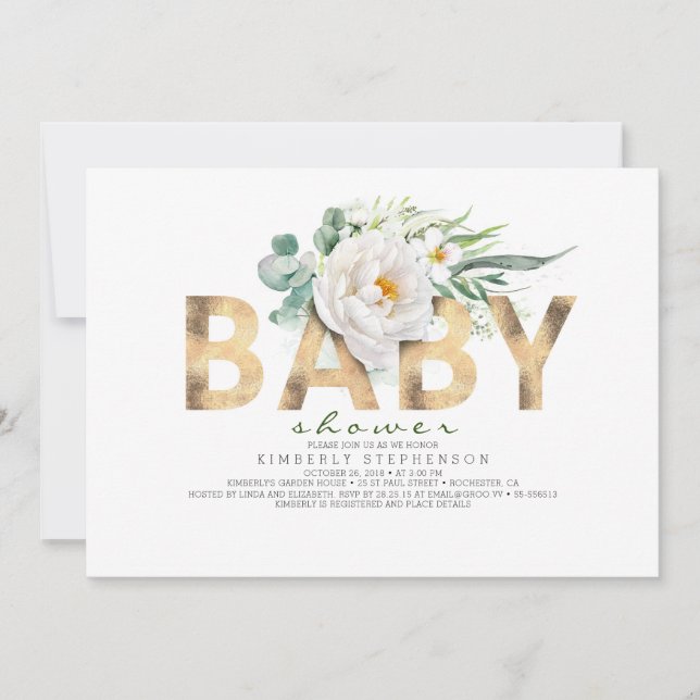 White Flowers Greenery and Gold Foil Baby Shower Invitation (Front)