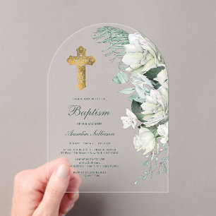 White Flowers Greenery Arch Baptism Acrylic Invitations