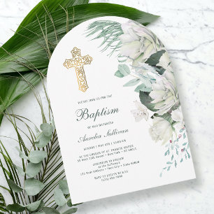 White Flowers Greenery Arch Baptism Invitation