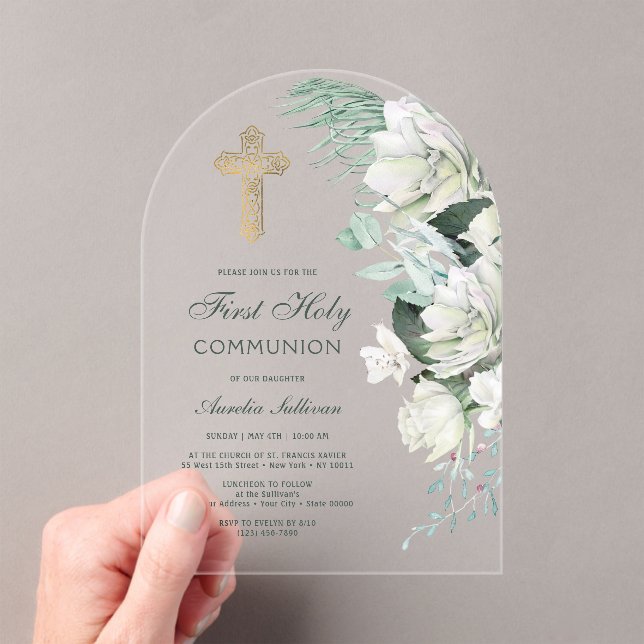 White Flowers Greenery Arch First Communion Acrylic Invitations (Insitu (Handheld))