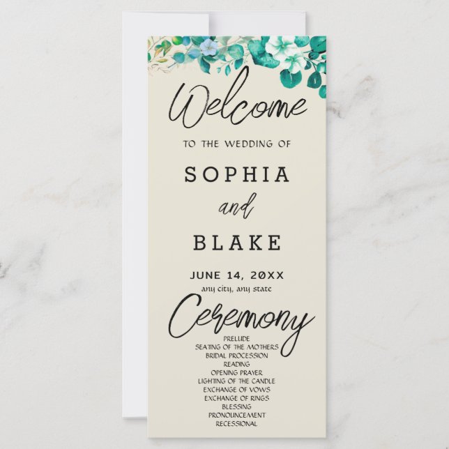 White Flowers Greenery Ash White Wedding Program (Front)