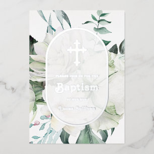White Flowers Greenery Baptism Foil Invitation