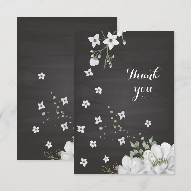 white flowers greenery black thank you card (Front/Back)