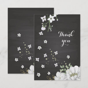 white flowers greenery black thank you card