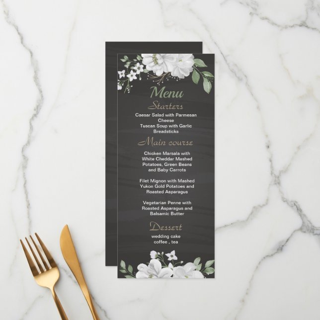 white flowers greenery black wedding menu (Front/Back In Situ)