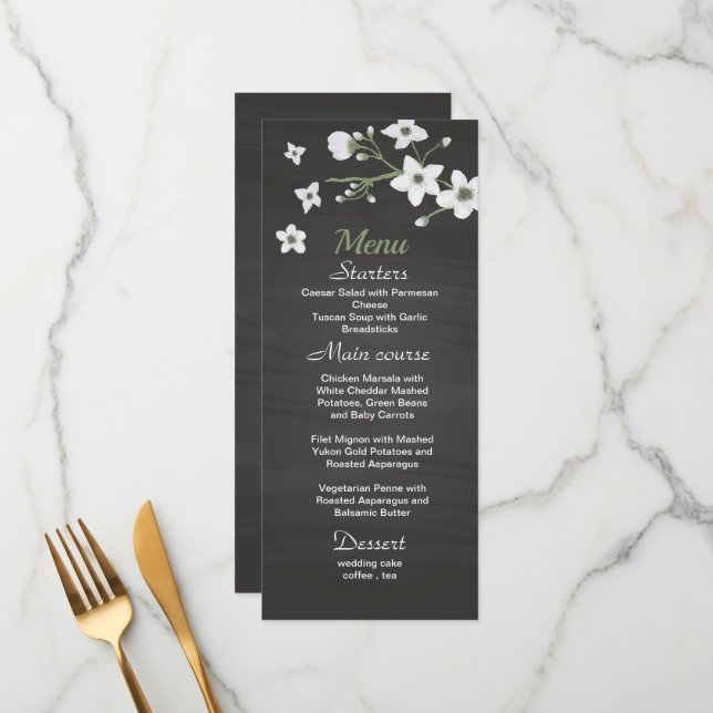 white flowers greenery black wedding menu (Front/Back In Situ)