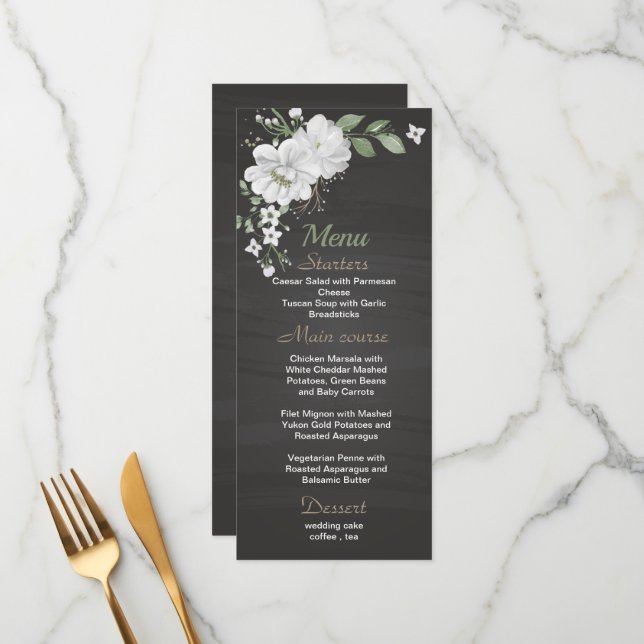 white flowers greenery black wedding menu (Front/Back In Situ)