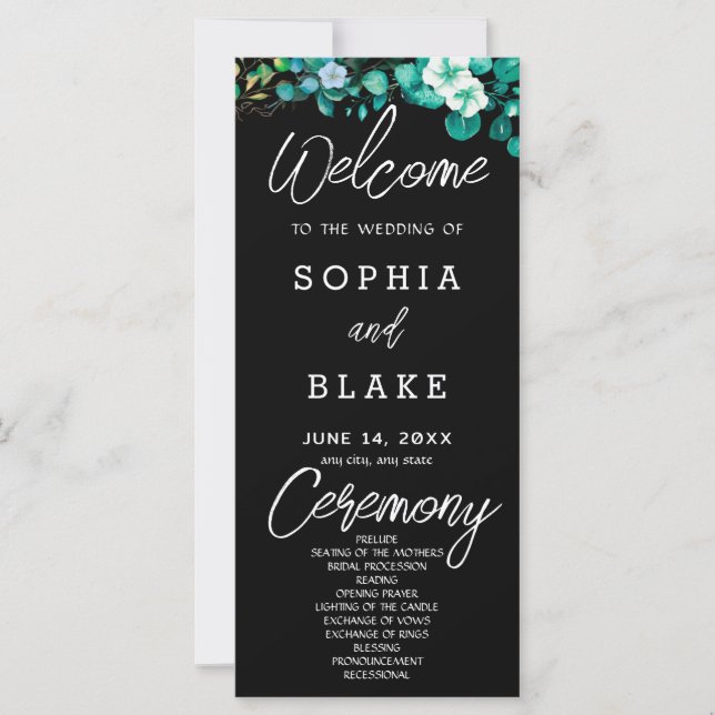 White Flowers Greenery Black Wedding Program (Front)