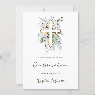 White Flowers Greenery Bouquet Confirmation Invitation