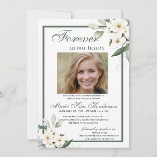 White Flowers Greenery Funeral Memorial Service Invitation