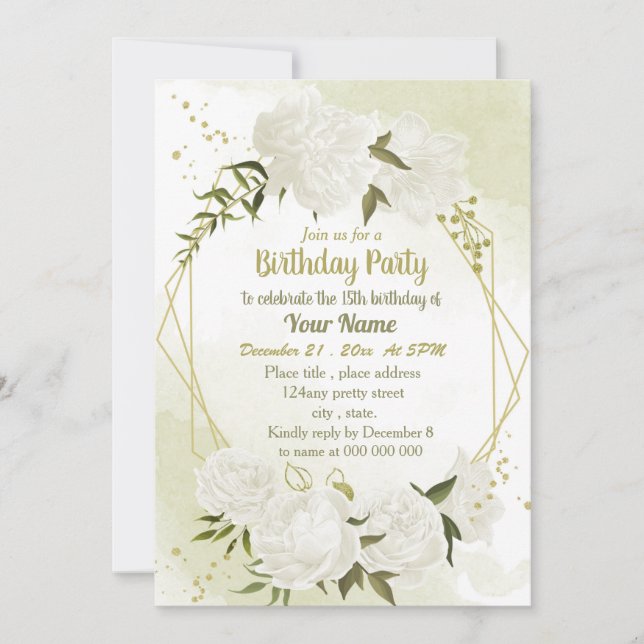 white flowers greenery geometric birthday party invitation (Front)