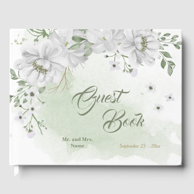white flowers greenery gold  guest book (Front)