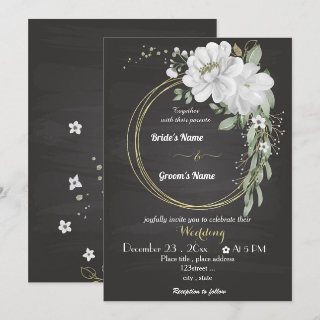 white flowers greenery gold wreath black wedding invitation (Front/Back)