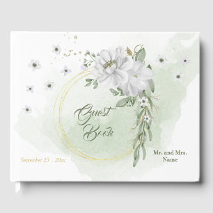 white flowers greenery gold wreath  guest book