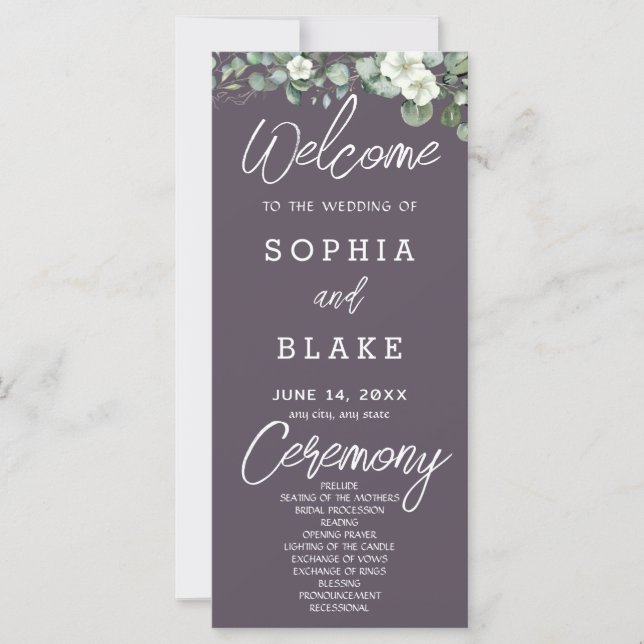 White Flowers Greenery Grey Wedding Program (Front)