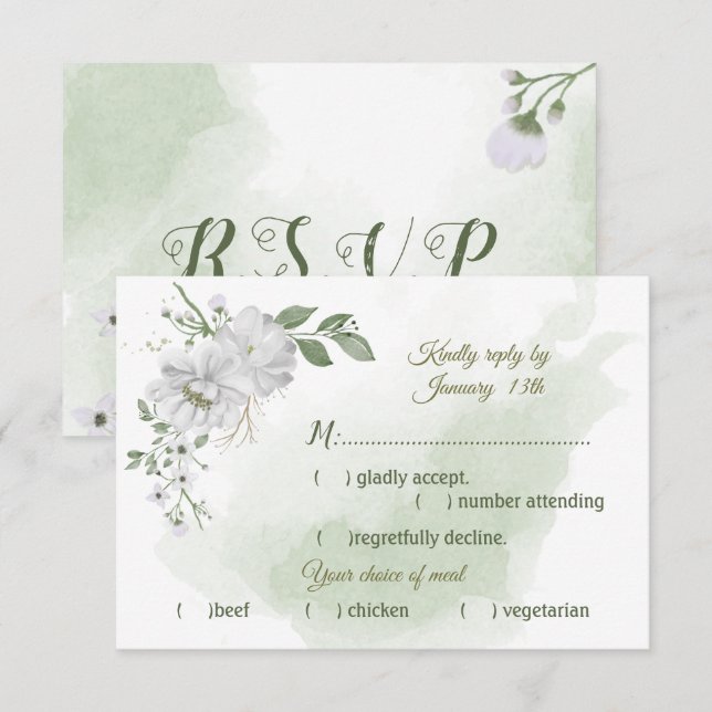 white flowers greenery meal choice  RSVP card (Front/Back)