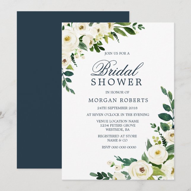 White Flowers Greenery Modern Bridal Shower Invite (Front/Back)