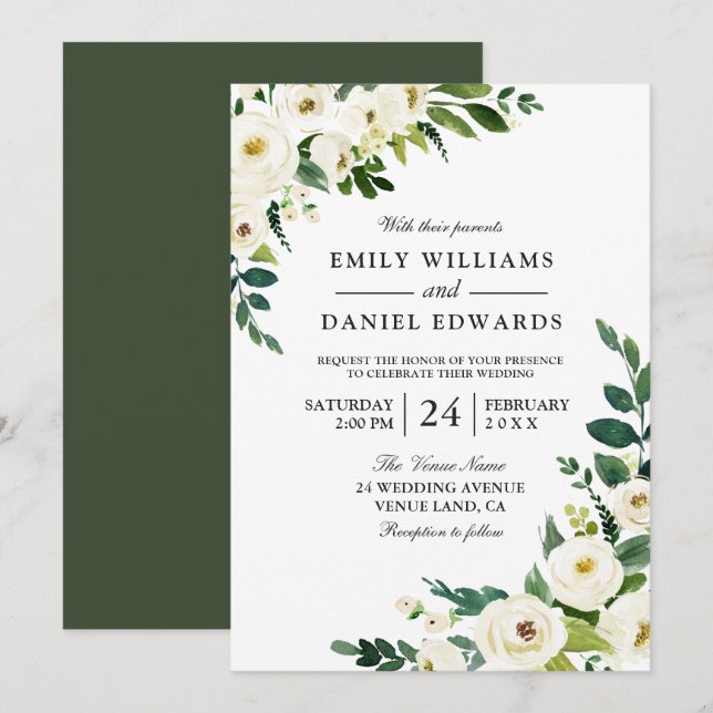 White Flowers Greenery Modern Wedding Invitation (Front/Back)