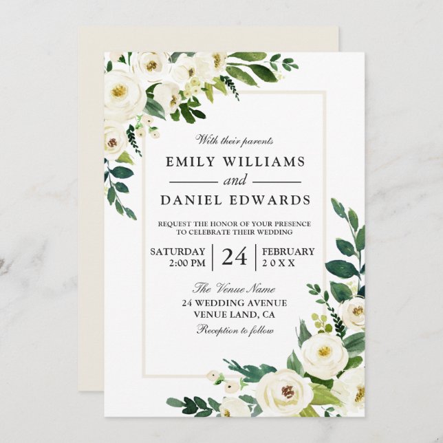 White Flowers Greenery Modern With Frame Wedding Invitation (Front/Back)