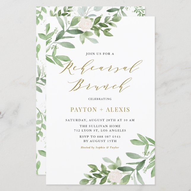 White Flowers Greenery Rehearsal Brunch Invitation (Front/Back)