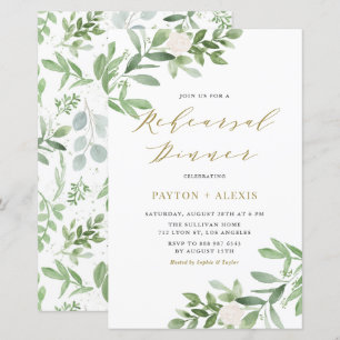 White Flowers Greenery Rehearsal Dinner Invitation