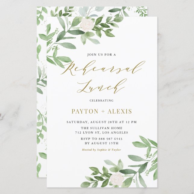 White Flowers Greenery Rehearsal Lunch Invitation (Front/Back)