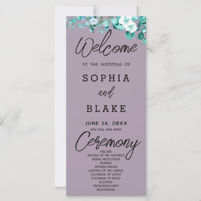 White Flowers Greenery Rose Quartz Wedding Program (Front)