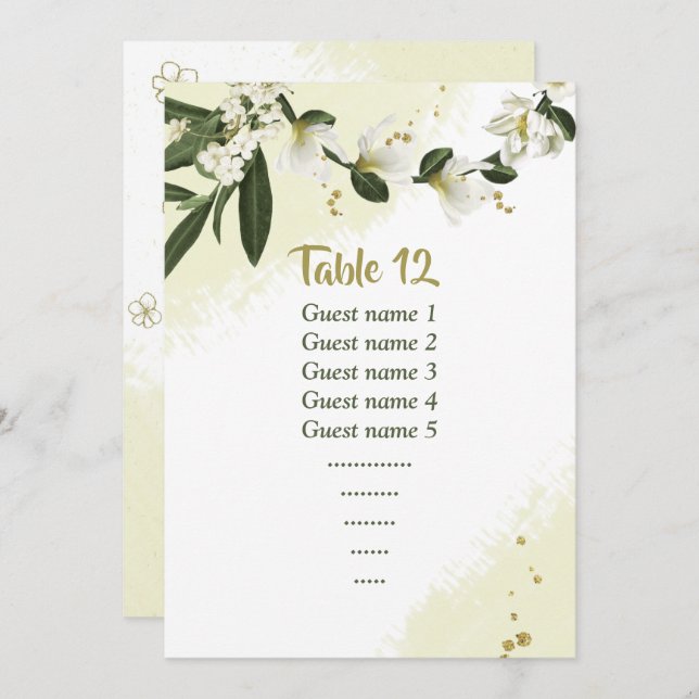 white flowers greenery seating chart table number (Front/Back)