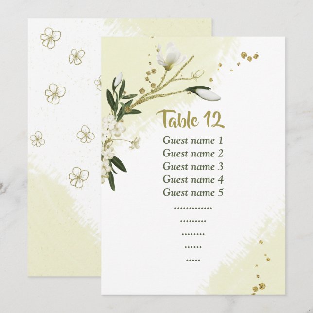 white flowers greenery seating chart table number (Front/Back)