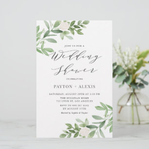 White Flowers Greenery Wedding Shower Invitation
