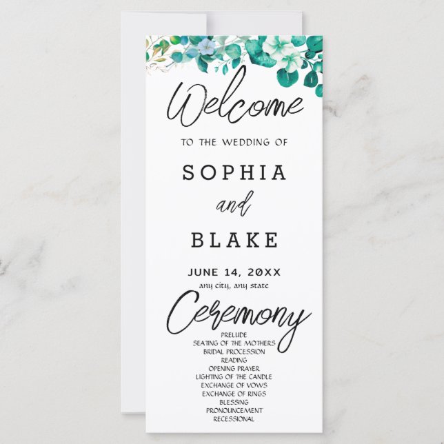 White Flowers Greenery White Wedding Program (Front)