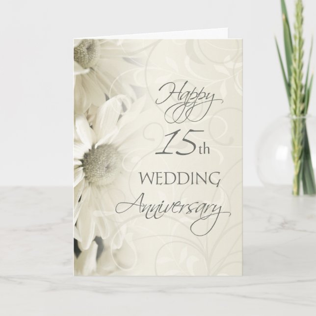 White Flowers Happy 15th Wedding  Anniversary Card (Front)