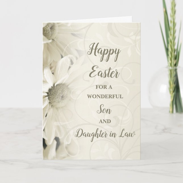 White Flowers Happy Easter Son Daughter in Law Holiday Card (Front)