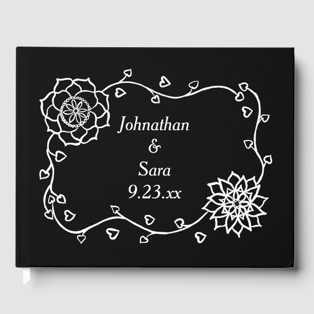 White Flowers & Hearts on Black Wedding Guestbooks (Front)
