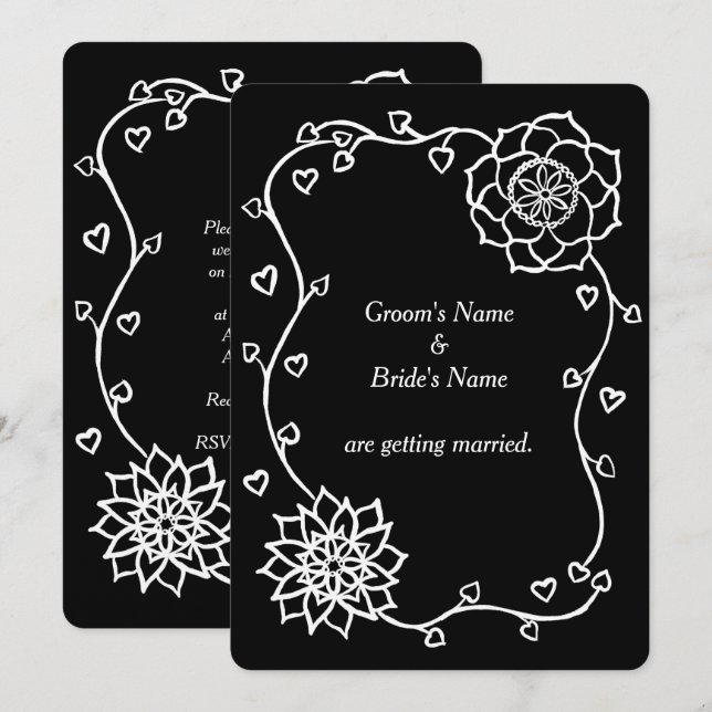 White Flowers Hearts on Black Wedding Invitations (Front/Back)