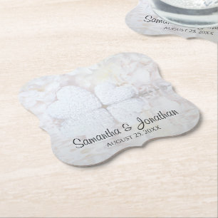 White Flowers & Hearts Reflections Wedding Paper Coaster