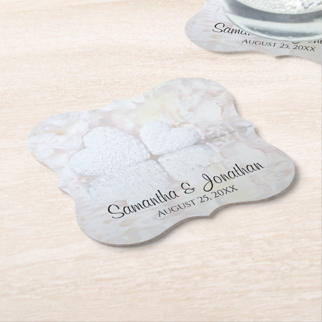 White Flowers & Hearts Reflections Wedding Paper Coaster (Angled)
