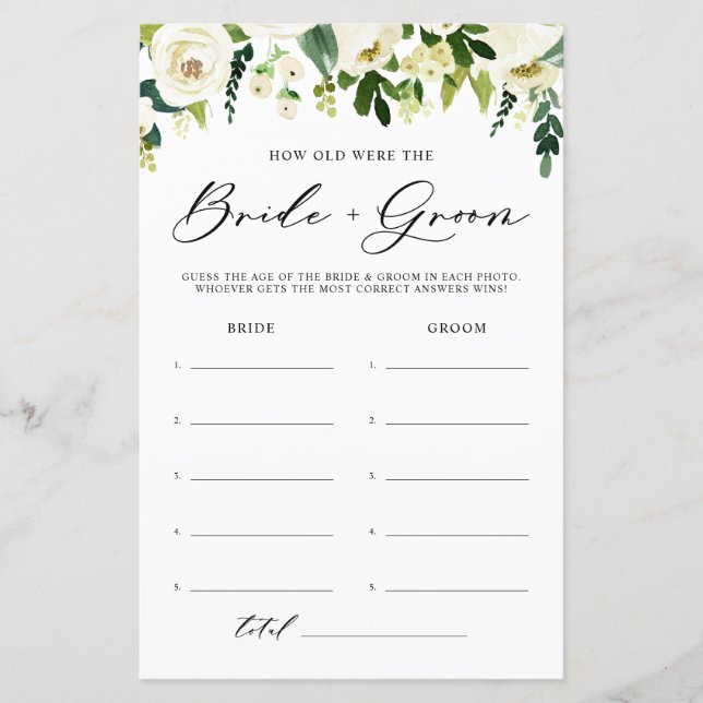 White Flowers How Old Were The Bride & Groom Card (Front)