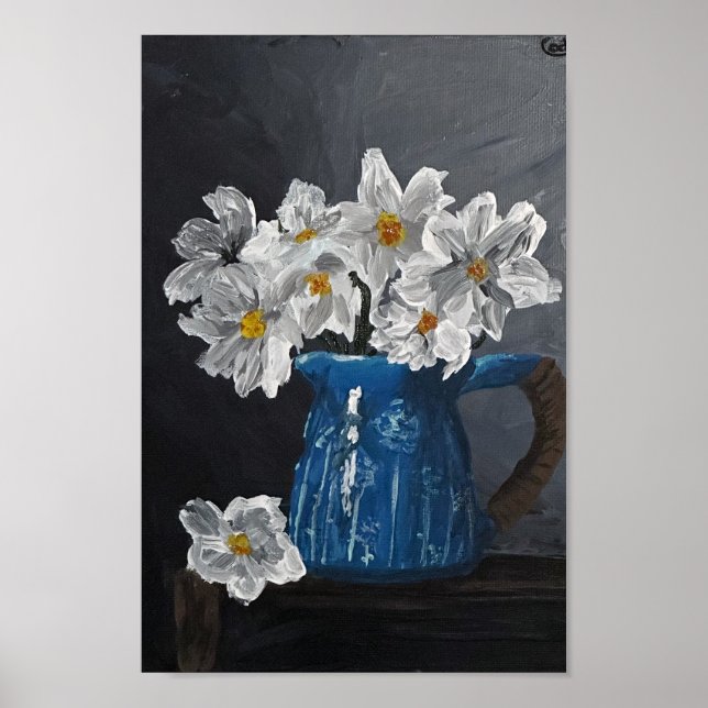 White flowers in a blue pitcher poster (Front)