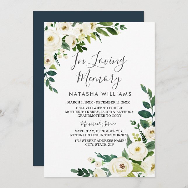 White Flowers In Loving memory memorial Invitation (Front/Back)